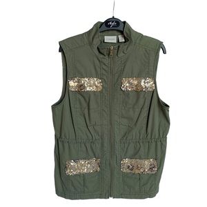 Chico’s NEW Olive Green Vest with Gold Sequins in Size Large
